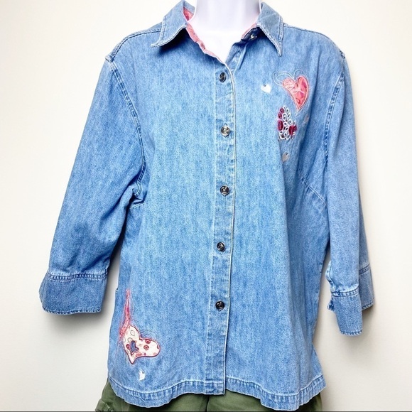 Tops - Vintage Denim Hearts Blouse Shirt, Cottage Core, Granny
